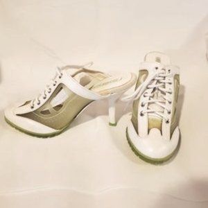 PAPRIKA Dating Lime Green White Lace-up Mules Heels 9